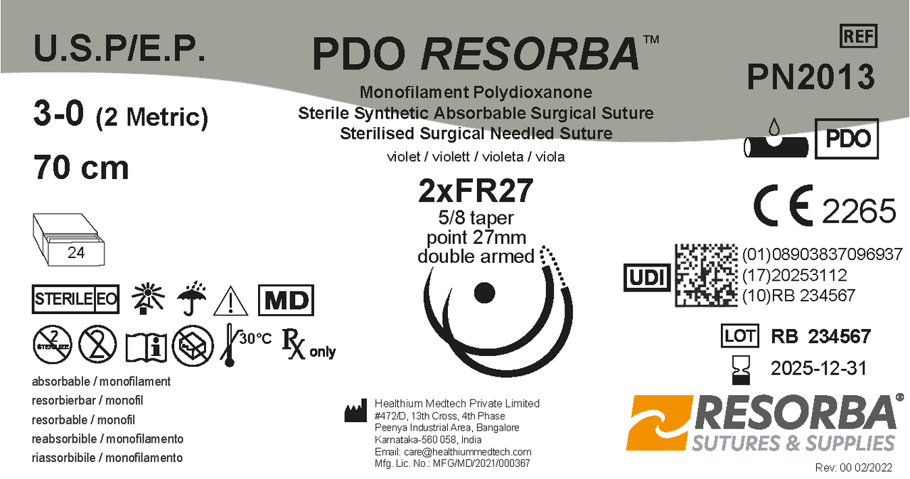 ПДО Ресорба USP4-0 фіолетовий, довжина 70см, колюча голка 27 мм, 1/2 кола